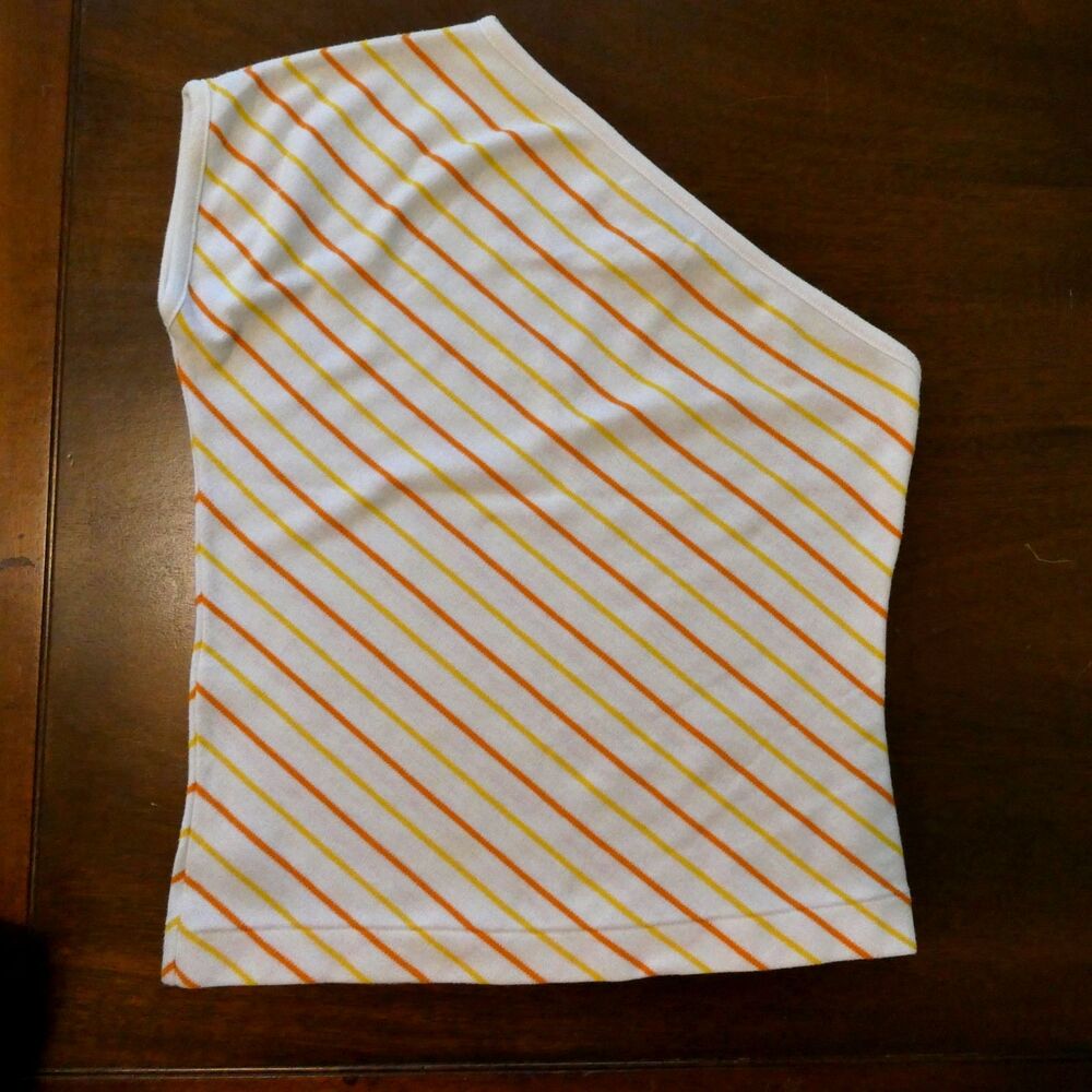 Vintage 80s Casual Corner One Shoulder Striped Top Size M White Orange